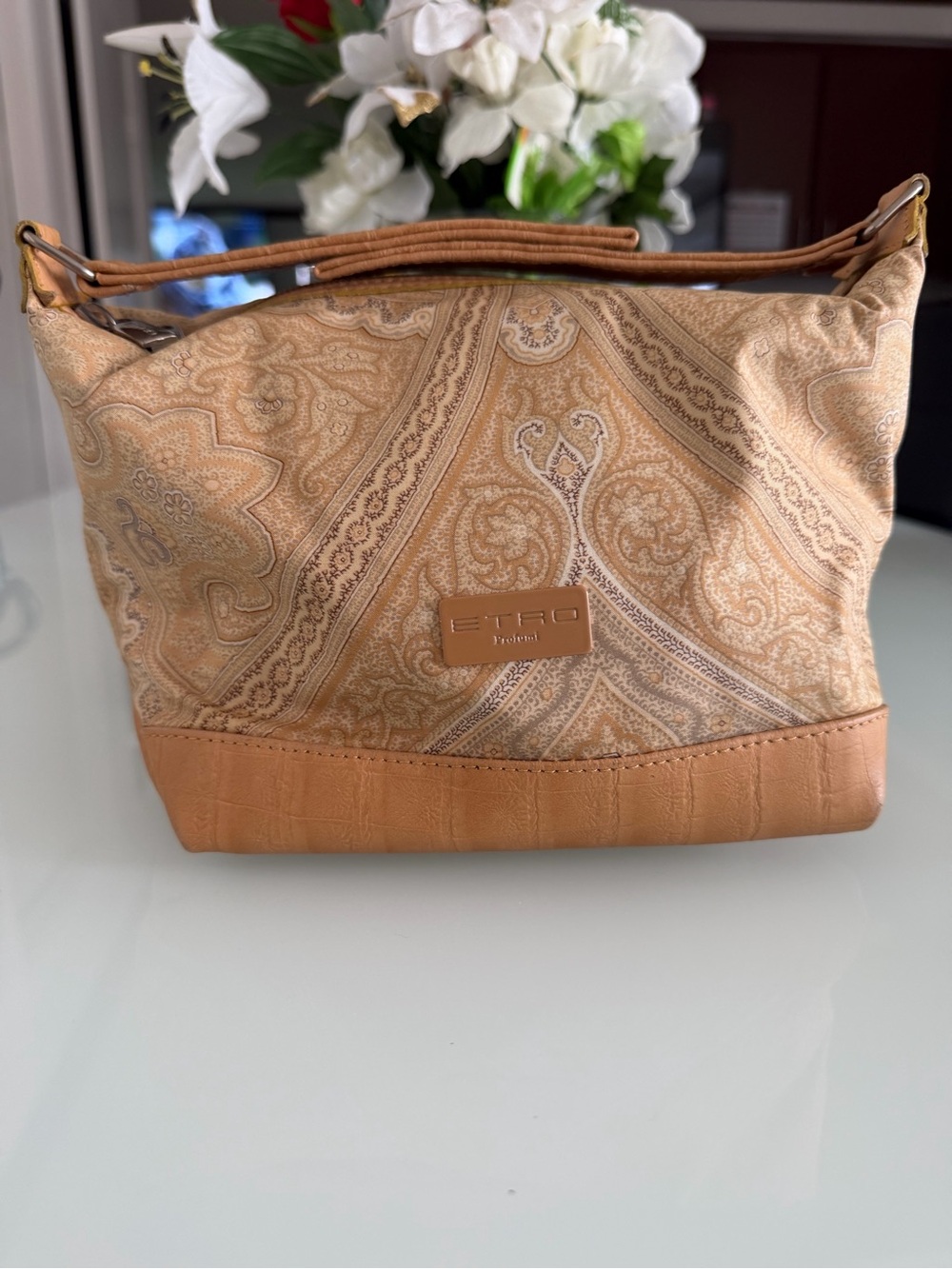 Etro Beige Paisley Leather-Trim Hand Bag